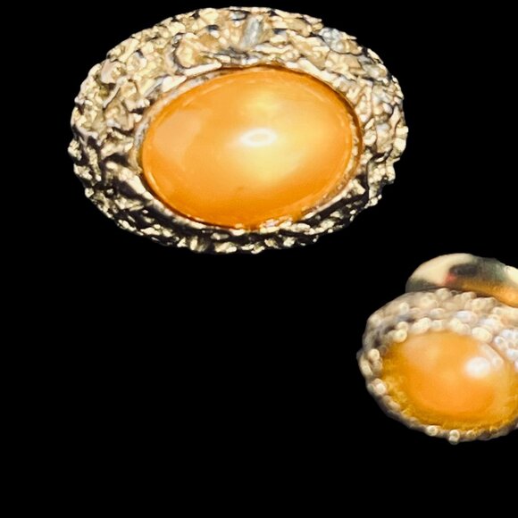 Vintage Oval Gold Tone With Orange Cabochon Cufflinks And Tie Tack Set (5337) - Picture 2 of 8